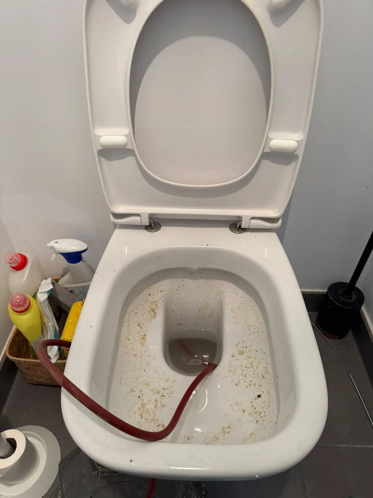 WC suspendu en cours de débouchage, flexible engagé dans la cuvette
